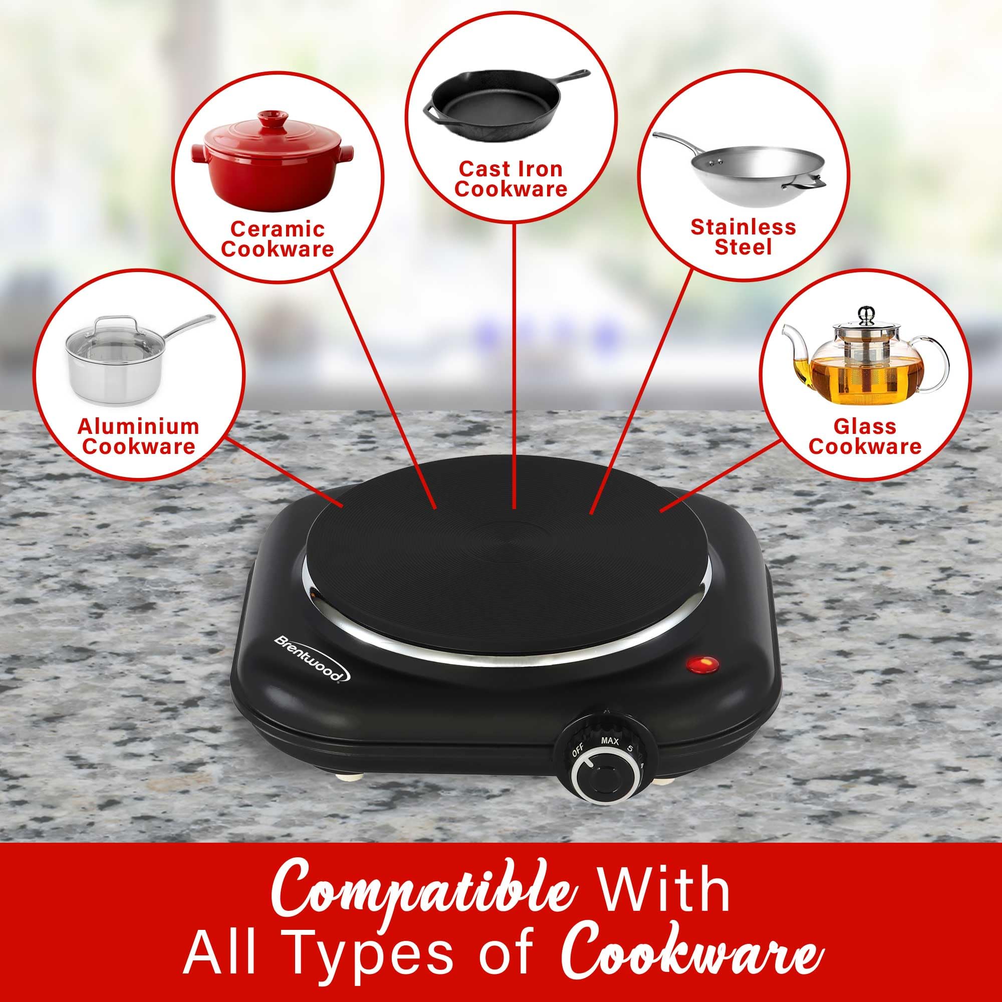 Brentwood TS-331BK 1100W Single Cast Iron Burner Hot Plate - Black, 6.5-Inch Plate with Temperature Control, Works with Any Cookware