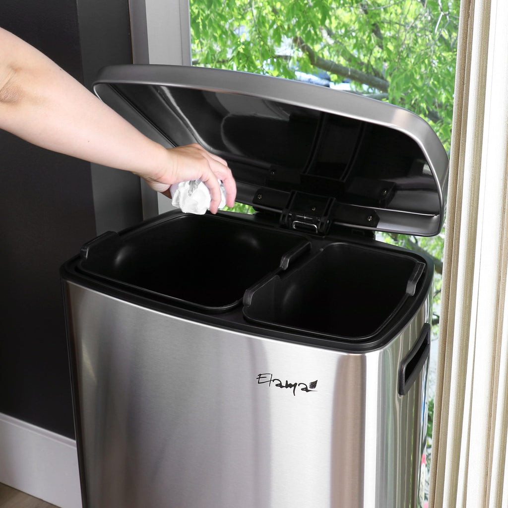 Elama 40L Stainless Steel Step Trash & Recycling Bin – 6.6 Gal + 3.9 Gal Split Compartments, Slow-Close Lid, Hands-Free Pedal (Silver)