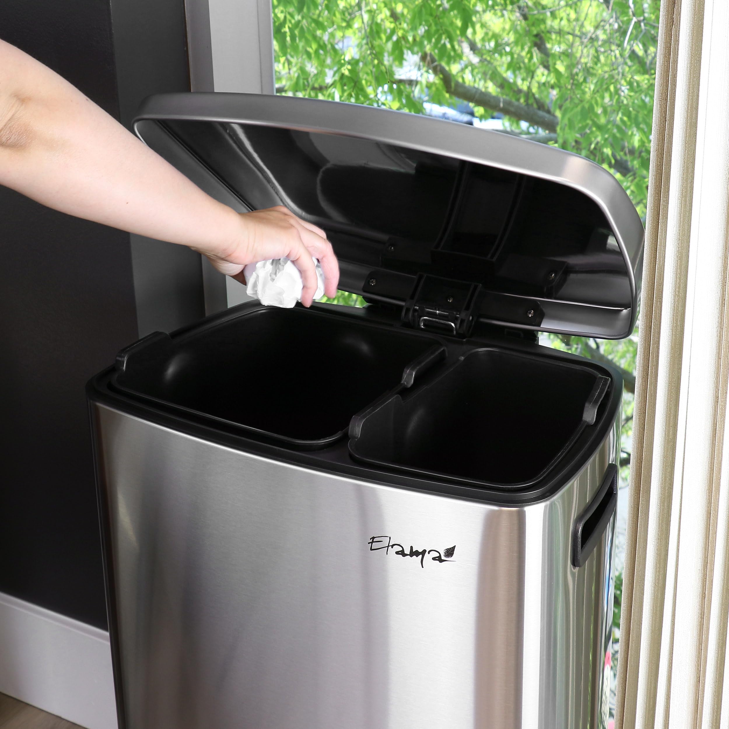 Elama 40L Stainless Steel Step Trash & Recycling Bin – 6.6 Gal + 3.9 Gal Split Compartments, Slow-Close Lid, Hands-Free Pedal (Silver)