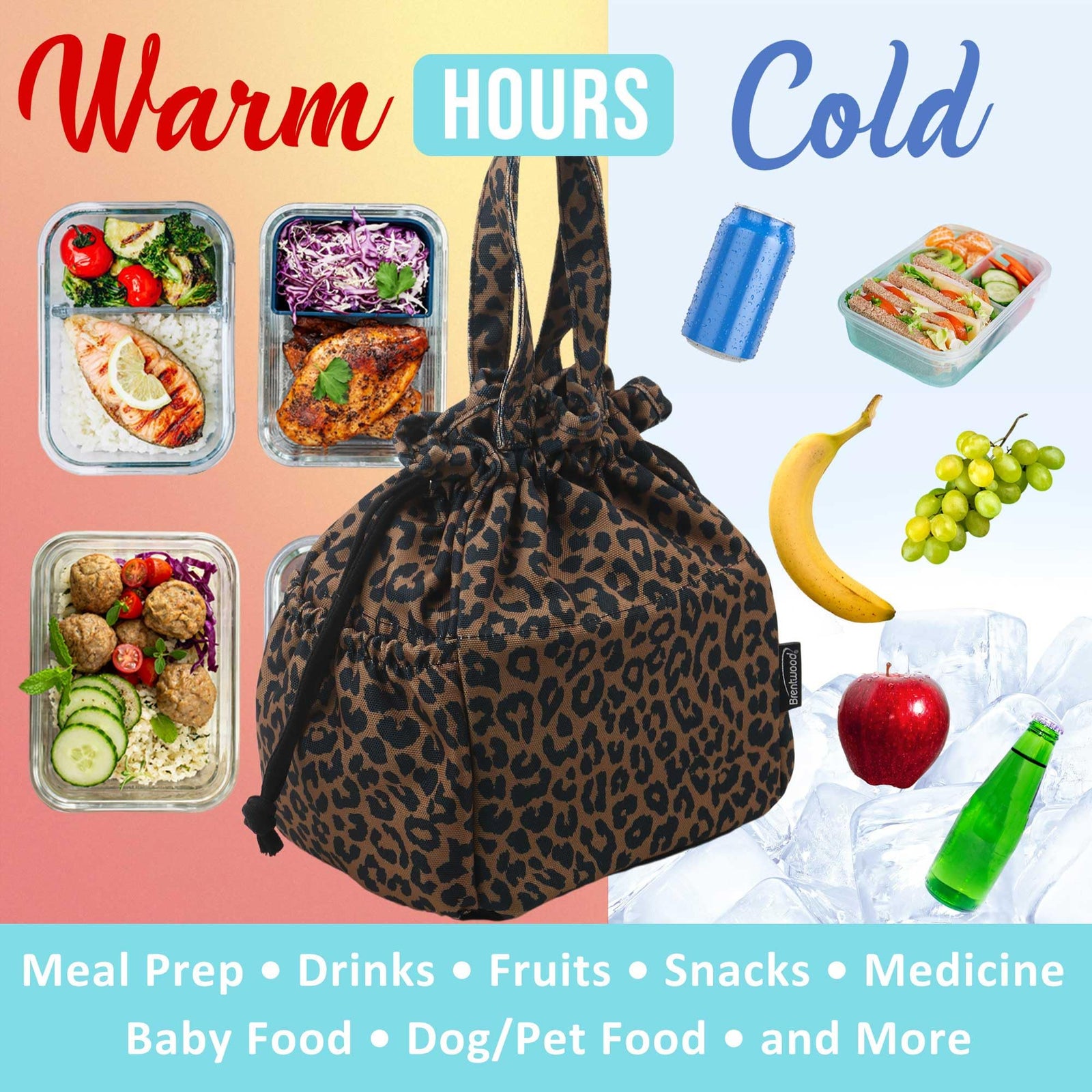 Brentwood 10L Insulated Canvas Lunch Tote Cooler Bag, Leopard Brown