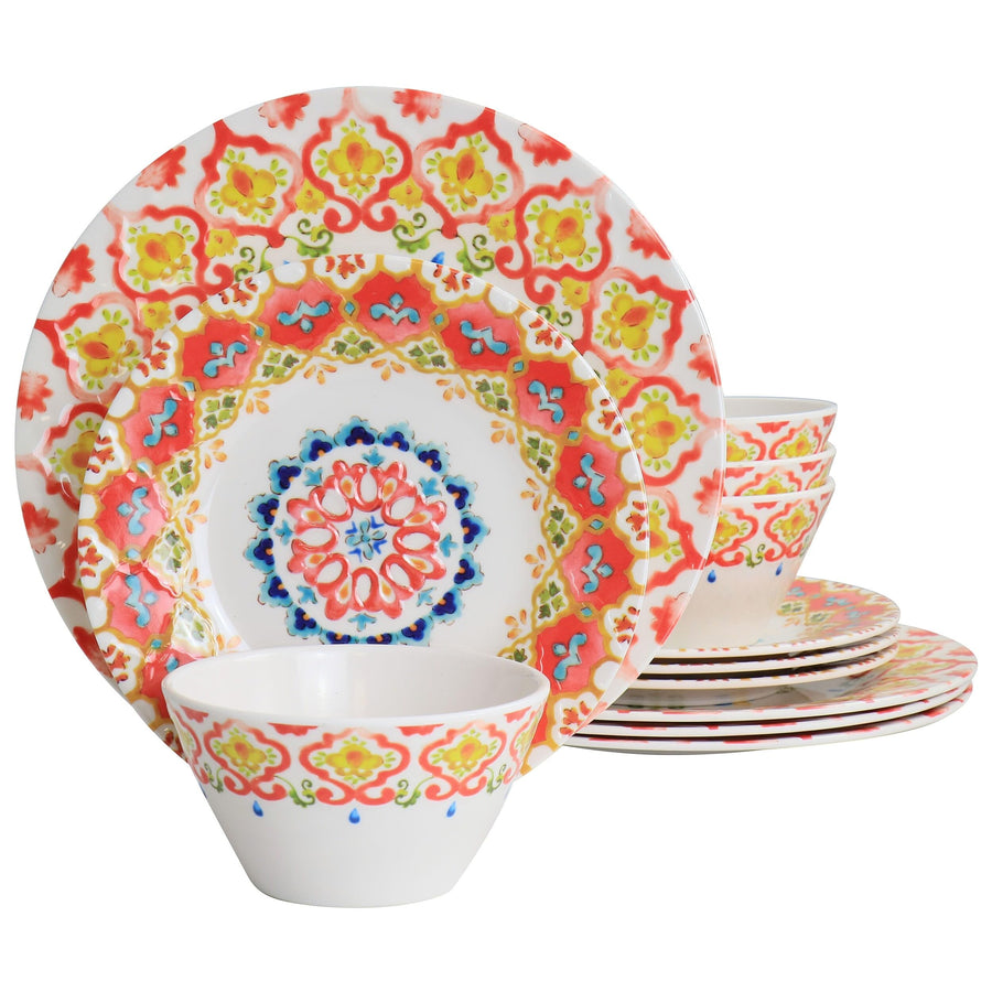 Laurie Gates California Designs Tamayo 12-Piece Melamine Dinnerware Set, Service for 4, Multi-Color