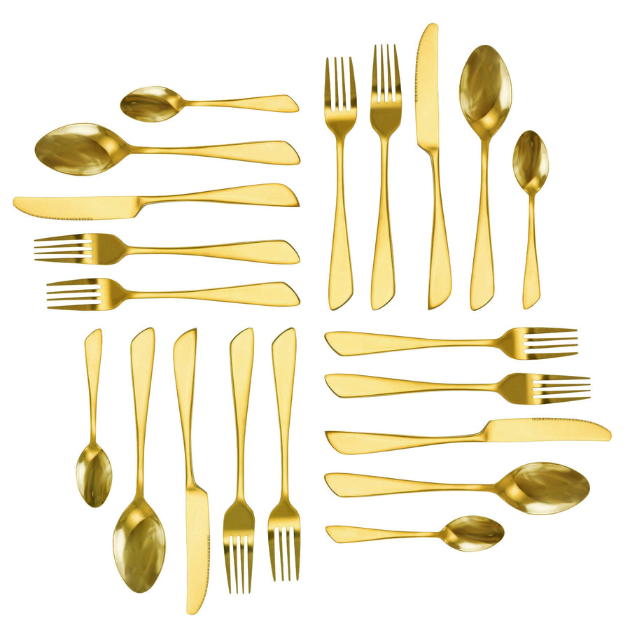 All 20 pieces of the MegaChef Gibbous gold flatware set laid out as four place settings of five pieces each