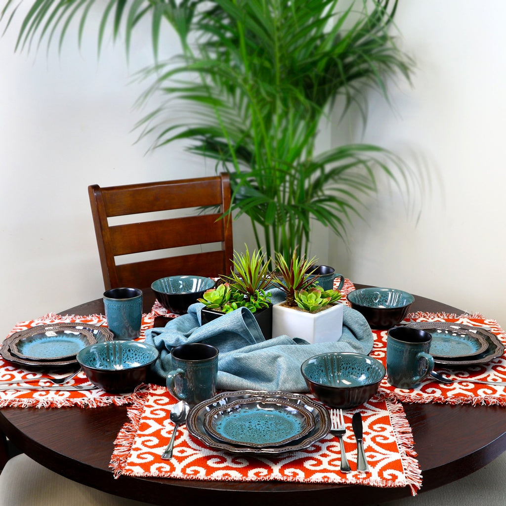 Elama Mystic Waves 16-Piece Stoneware Dinnerware Set – Turquoise Service for 4
