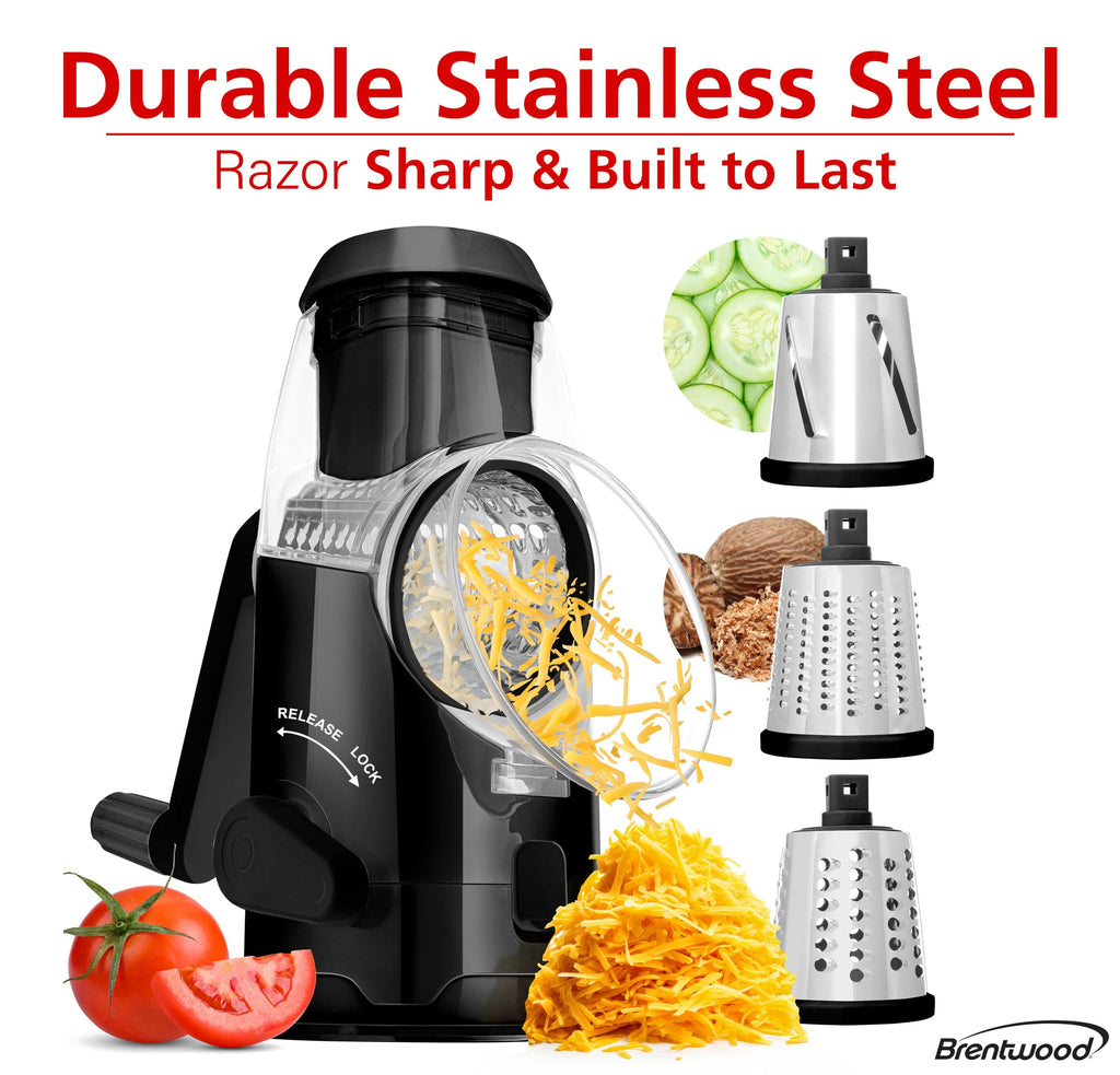 Brentwood KA-5060BK Rotary Cheese Grater & Slicer with 3 Stainless Drum Blades, Black