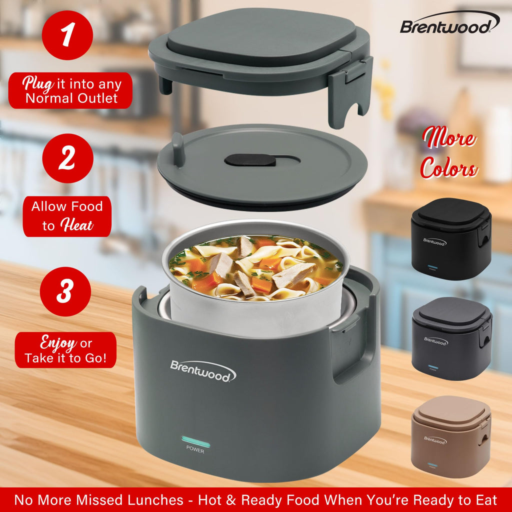Brentwood ELB-600GRY 0.6L Portable Leakproof Electric Lunch Box - Gray, 50W Food Warmer with Removable Stainless Steel Container