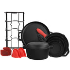 MegaChef 12-Piece Pre-Seasoned Cast Iron Cookware Set – Black & Red | Skillets, Dutch Oven & Accessories