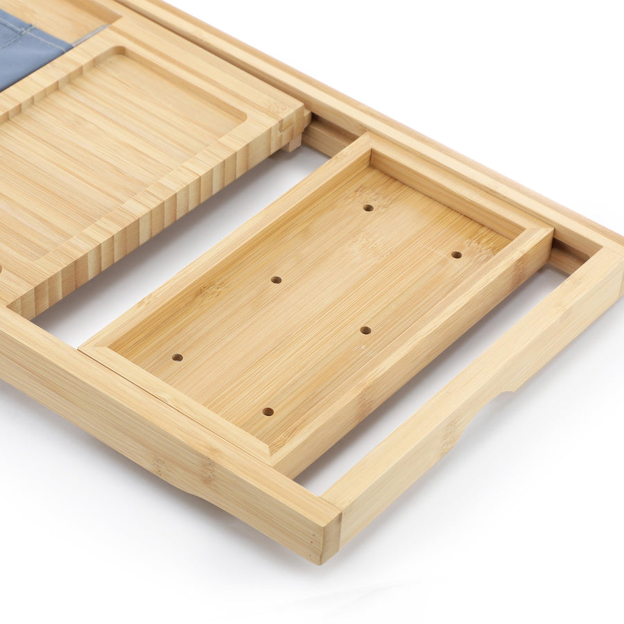 Elama Expandable Bamboo Bath Tray, Adjustable Bathtub Caddy with Book and Tablet Holder, Wine Glass Slot and Spa Accessory Compartments
