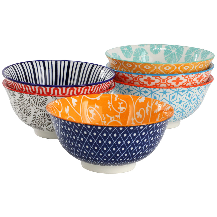 Elama Roxey 6-Piece 20 oz Porcelain Footed Bowl Set, Assorted Multicolor Designs