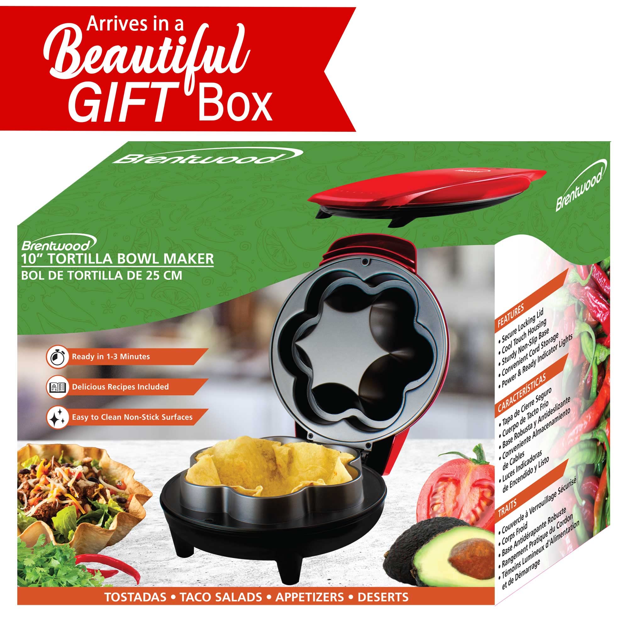 Brentwood TS-257R 10 in Electric Tortilla & Taco Bowl Maker - Red, 750W, Fits 8 in and 10 in Tortillas