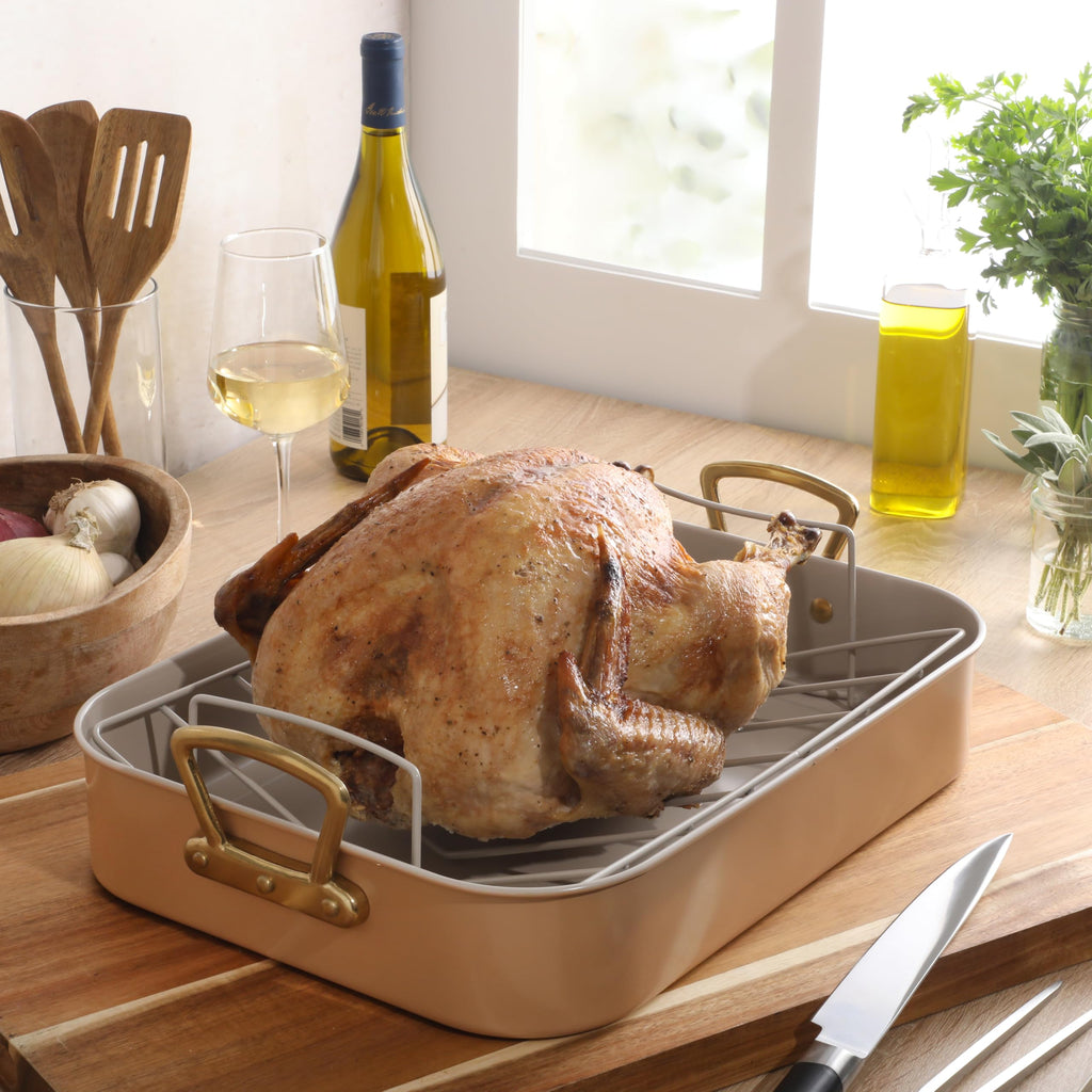 Gibson Home Broxton 2-Piece Carbon Steel Nonstick Roaster Pan with Rack, Apricot