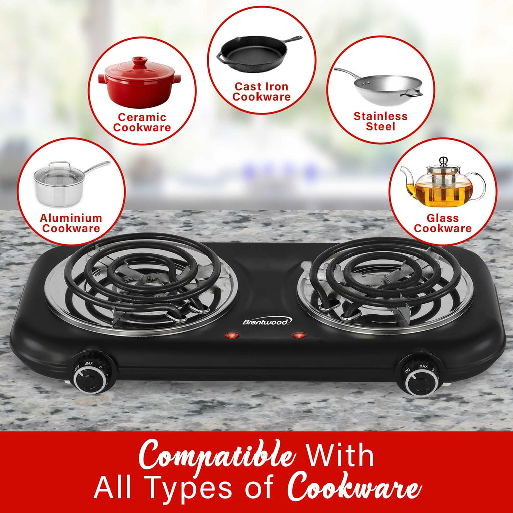 Brentwood TS-363BK 1100W Countertop Double Coiled Electric Burner - Black, Temperature Control with Power Indicator