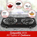Brentwood TS-363BK 1100W Countertop Double Coiled Electric Burner - Black, Temperature Control with Power Indicator