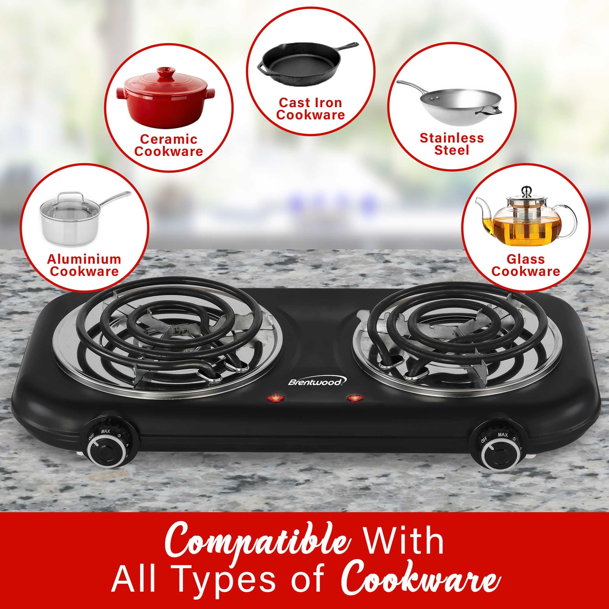 Brentwood TS-363BK 1100W Countertop Double Coiled Electric Burner - Black, Temperature Control with Power Indicator