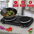 Brentwood TS-332BK 1100W Double Cast Iron Burner Electric Hot Plate with Temperature Control - Black