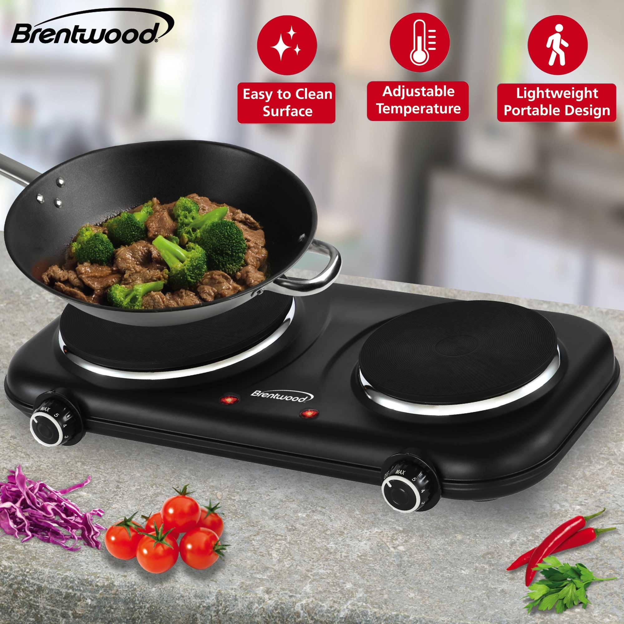 Brentwood TS-332BK 1100W Double Cast Iron Burner Electric Hot Plate with Temperature Control - Black