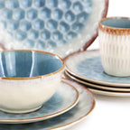 Elama Leann 16-Piece Stoneware Dinnerware Set – Textured Blue & Beige with Brown Color-Rim, Service for 4