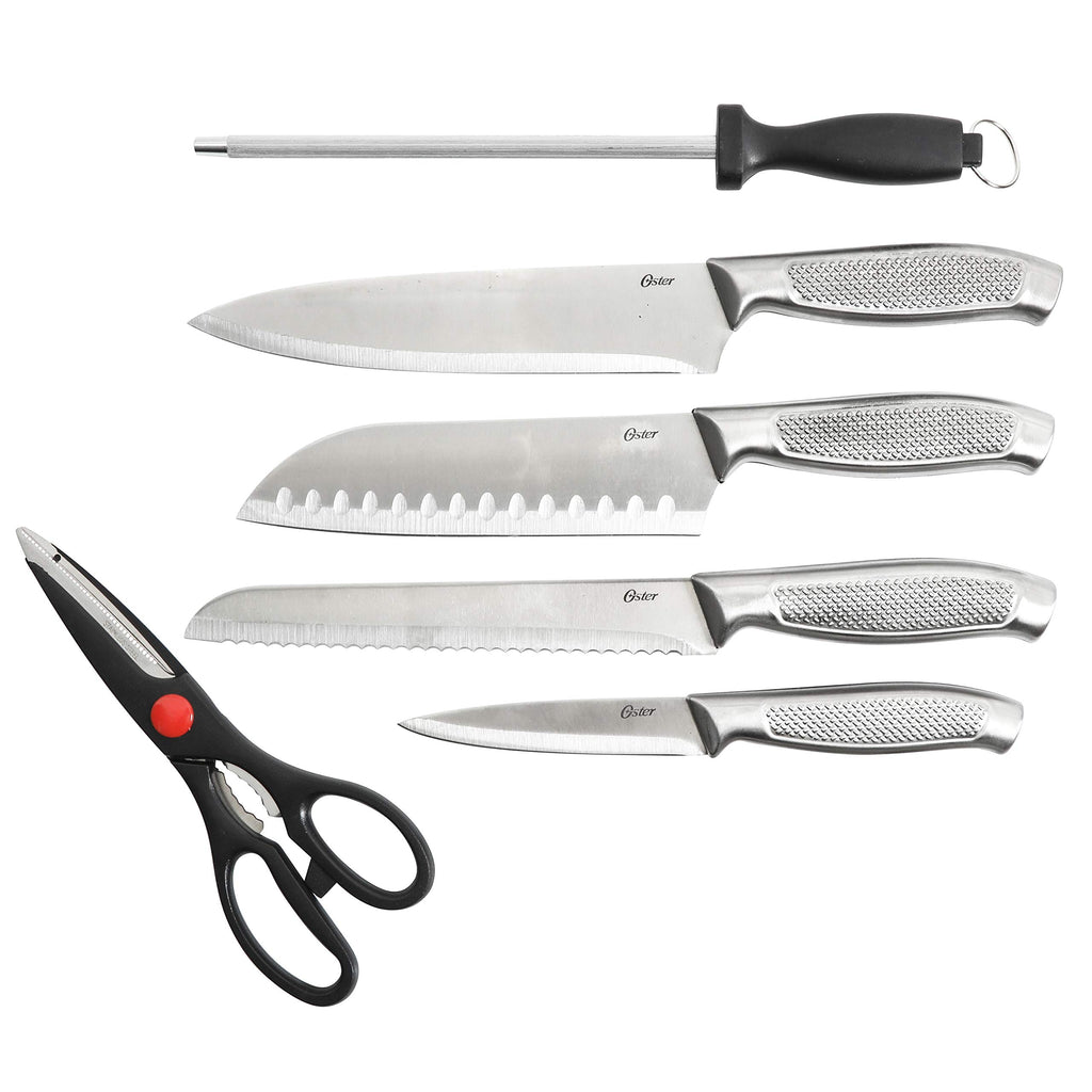 Oster Edgefield 14-Piece Stainless Steel Cutlery Set with Black Block – Chef, Santoku, Steak Knives & Shears
