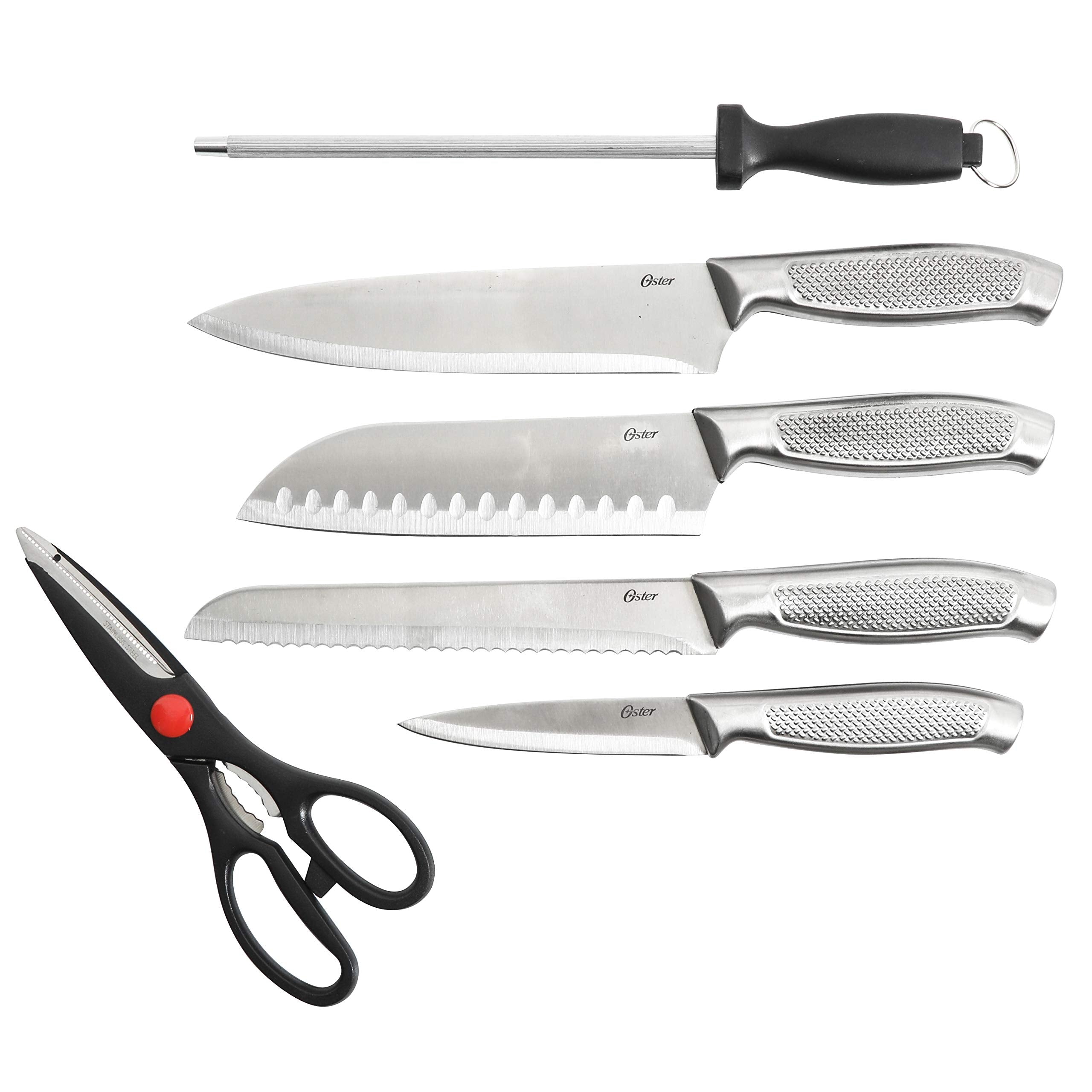 Oster Edgefield 14-Piece Stainless Steel Cutlery Set with Black Block – Chef, Santoku, Steak Knives & Shears