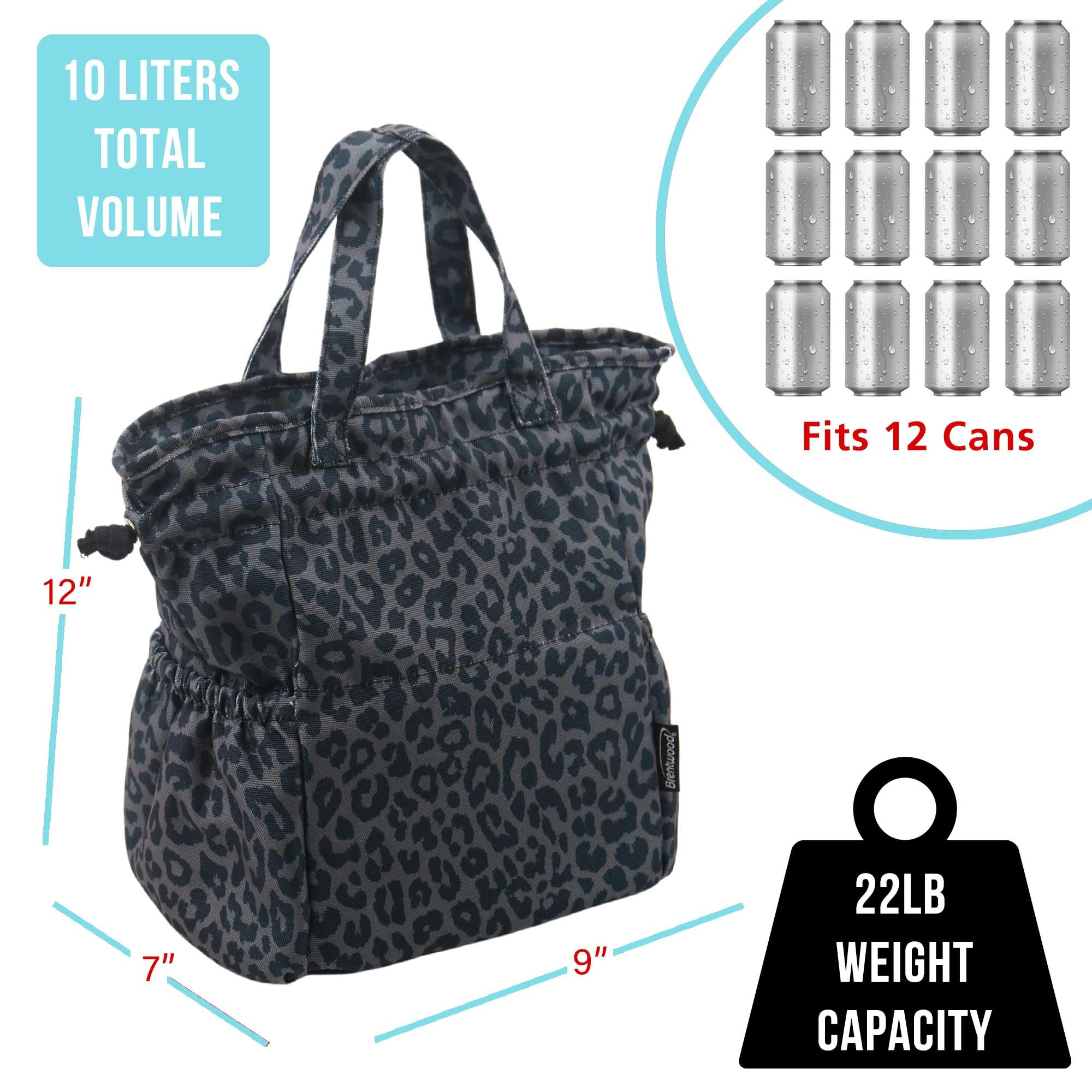 Brentwood CB-2025LGRY Large 10L Insulated Canvas Lunch Tote Cooler Bag - Leopard Grey, 12-Can Capacity with 2 Pockets