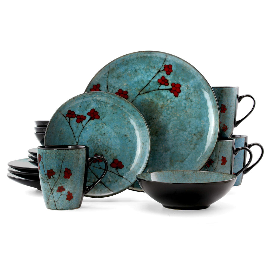Elama Floral Accents 16-Piece Stoneware Dinnerware Set, Blue with Red Floral - Service for 4