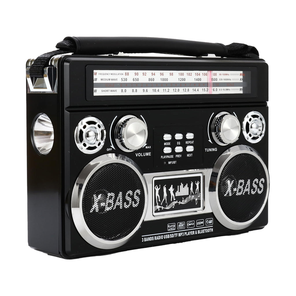 Supersonic SC-1097BT Retro 3-Band Bluetooth Radio with Flashlight, Rechargeable, Black