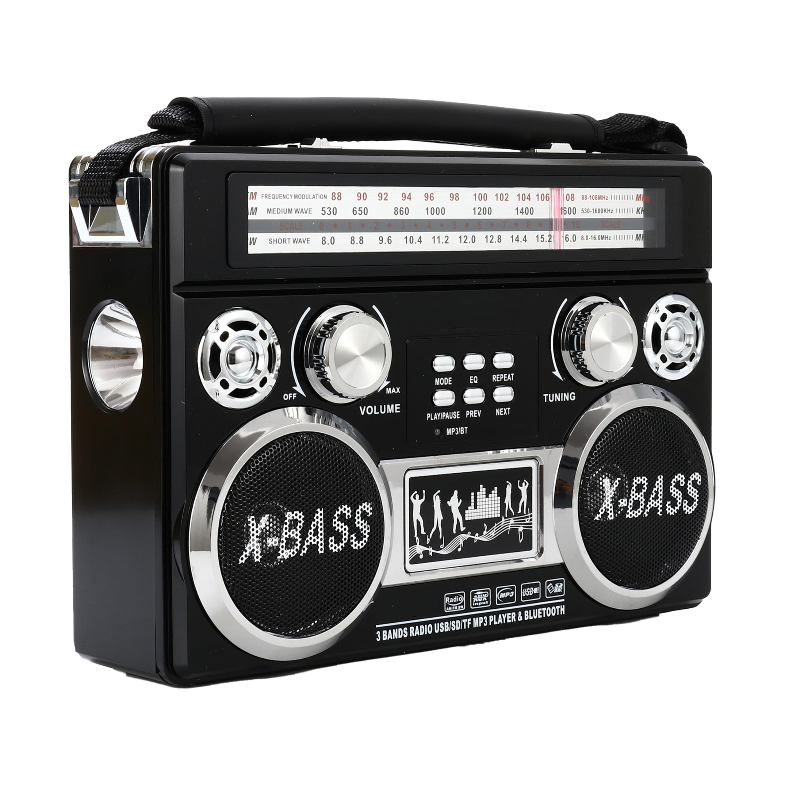 Supersonic SC-1097BT Retro 3-Band Bluetooth Radio with Flashlight, Rechargeable, Black