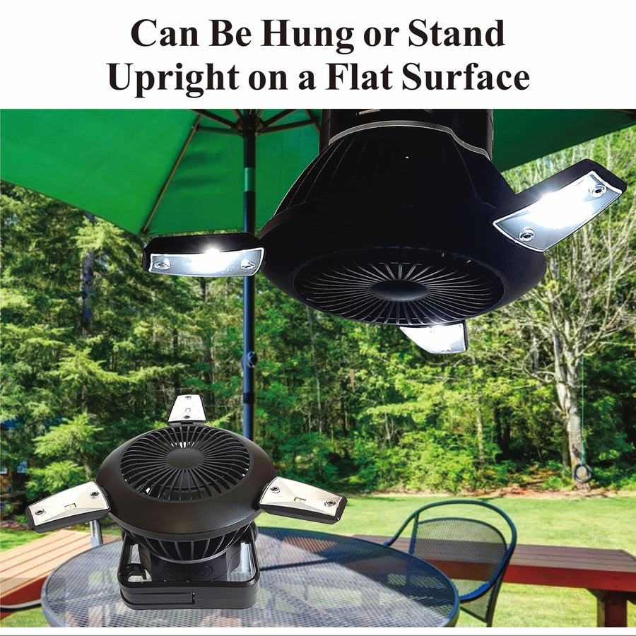 Optimus 4-in-1 Rechargeable Camping Fan with LED Light, Power Bank & Solar/USB Charging, Black