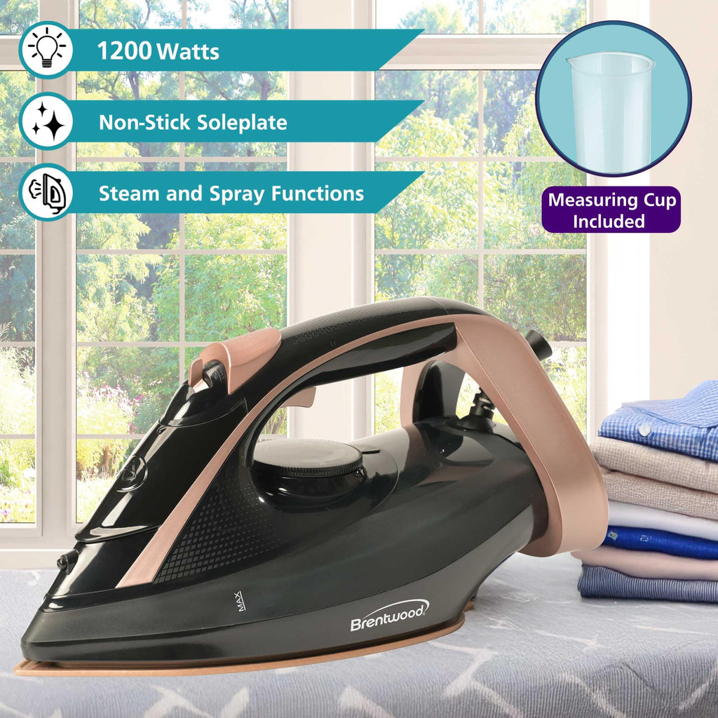 Brentwood MPI-69BKRG 1200W Ceramic Non-Stick Steam Iron with Vertical Steam & Self-Clean - Rose Gold