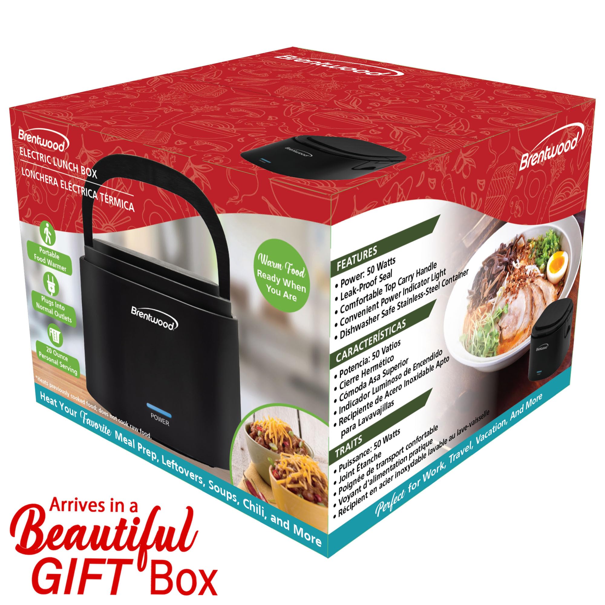 Brentwood ELB-600BK 0.6L Portable Leakproof Electric Lunch Box with Stainless Steel Container - Black