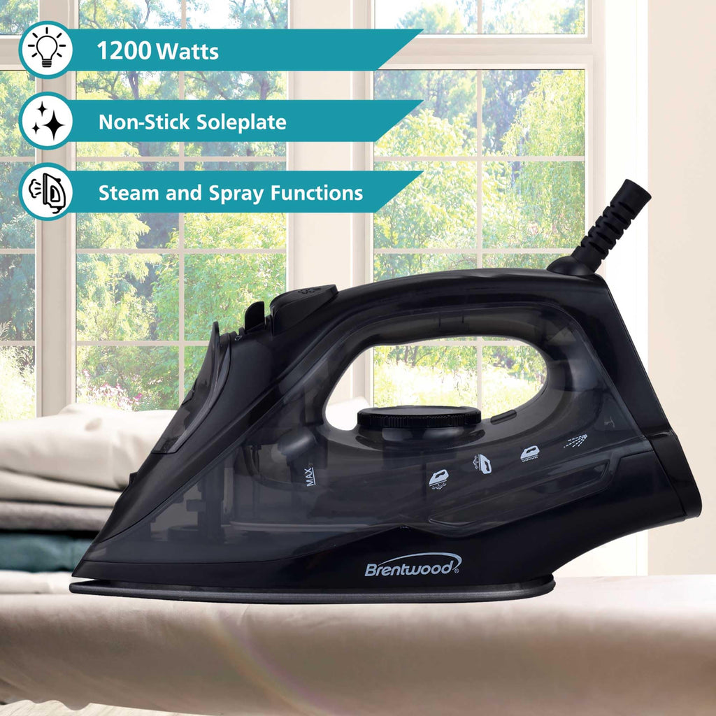 Brentwood 1200-Watt Lightweight Non-Stick Steam Iron, Black