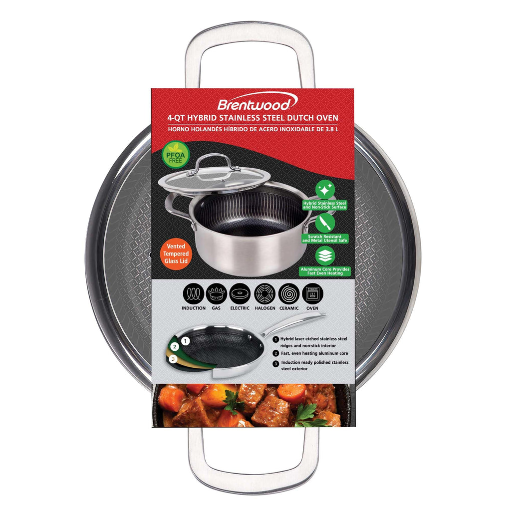 Brentwood B-DUH22L 4-Quart 3-Ply Hybrid Non-Stick Stainless Steel Dutch Oven with Tempered Glass Lid - Induction Ready
