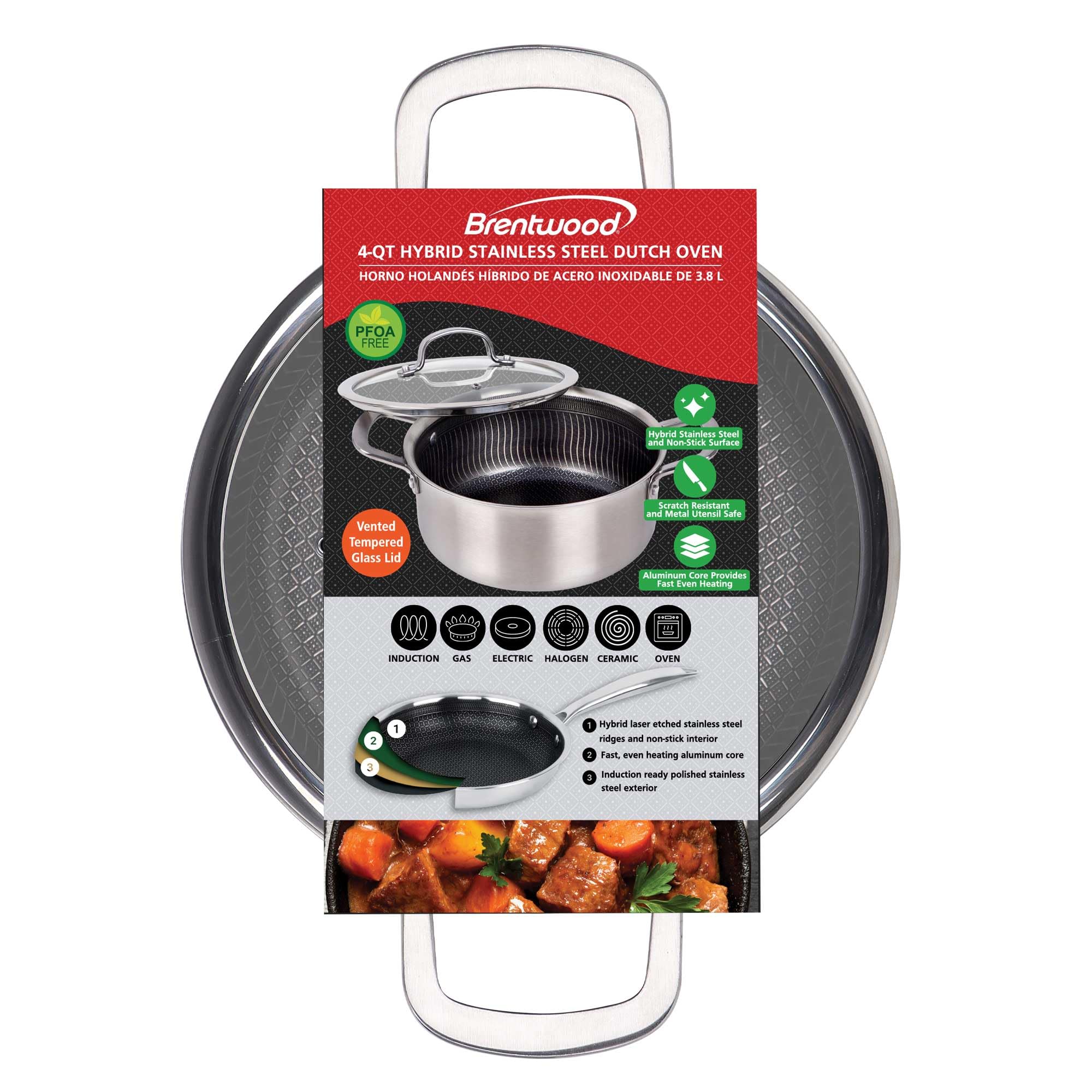 Brentwood B-DUH22L 4-Quart 3-Ply Hybrid Non-Stick Stainless Steel Dutch Oven with Tempered Glass Lid - Induction Ready