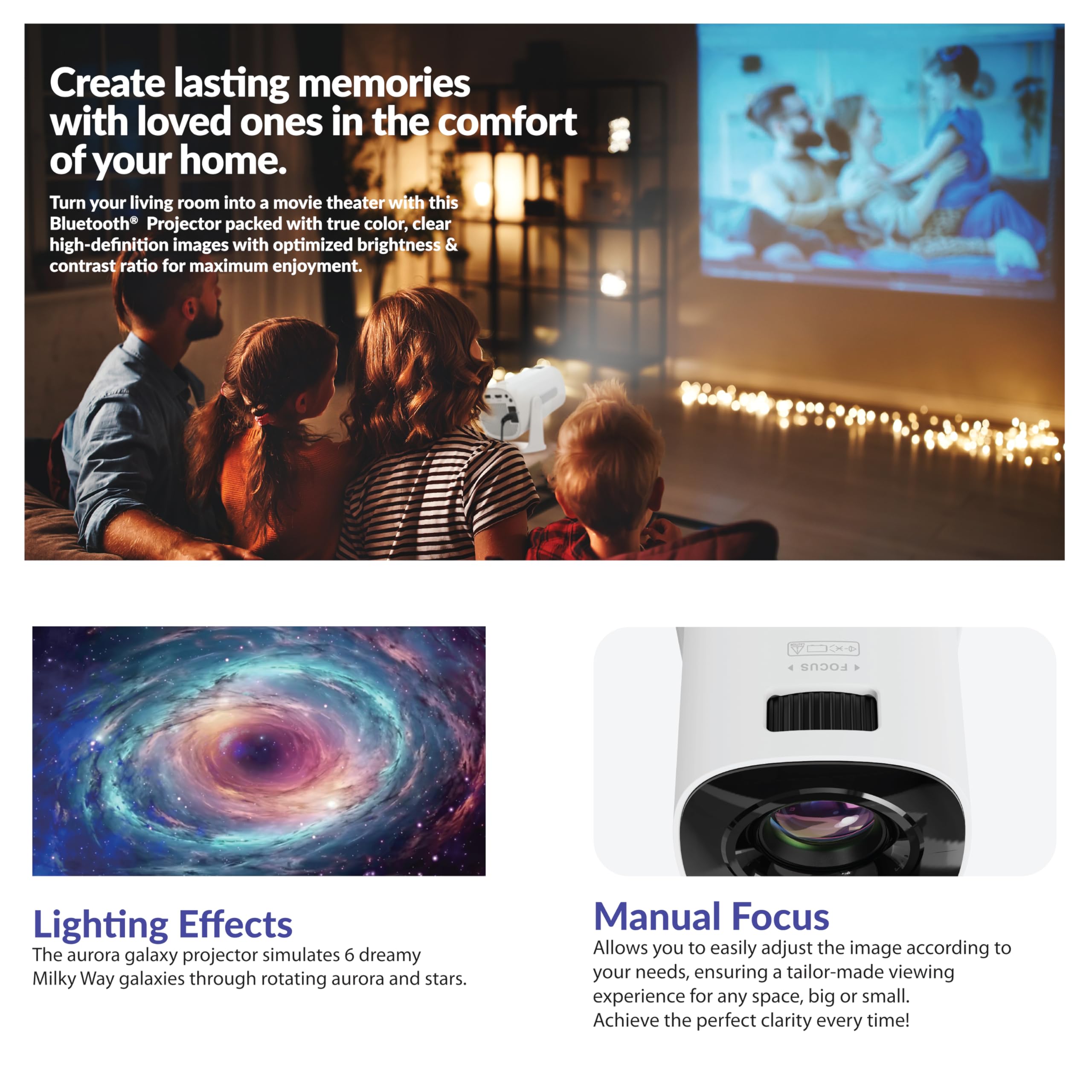 SuperSonic SC-92P Smart WiFi Streaming Projector with Bluetooth 5.3 and Aurora Light Effect - White