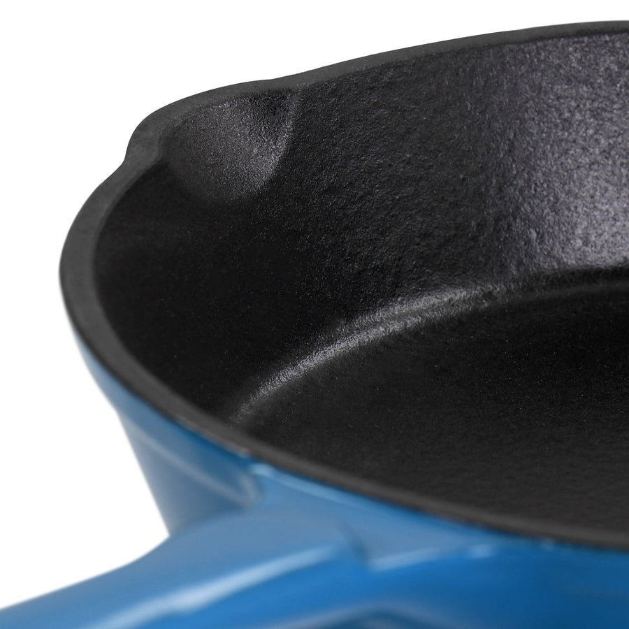 MegaChef MCCE-8TUR 8 in Cast Iron Frying Pan, Turquoise Enameled Exterior, Pre-Seasoned Interior, Dual Pour Spouts, Oven Safe to 500°F
