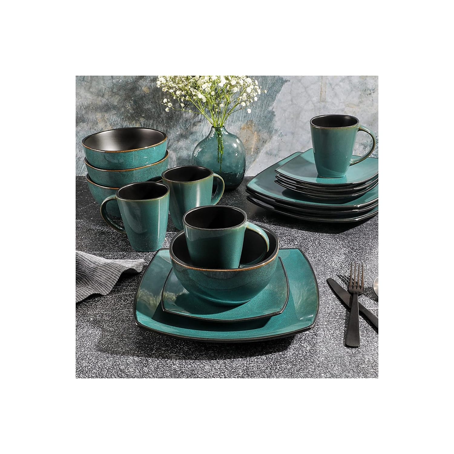 Gibson Elite Soho Lounge 16-Piece Dinnerware Set – Modern Teal Reactive Glaze Stoneware, Service for 4