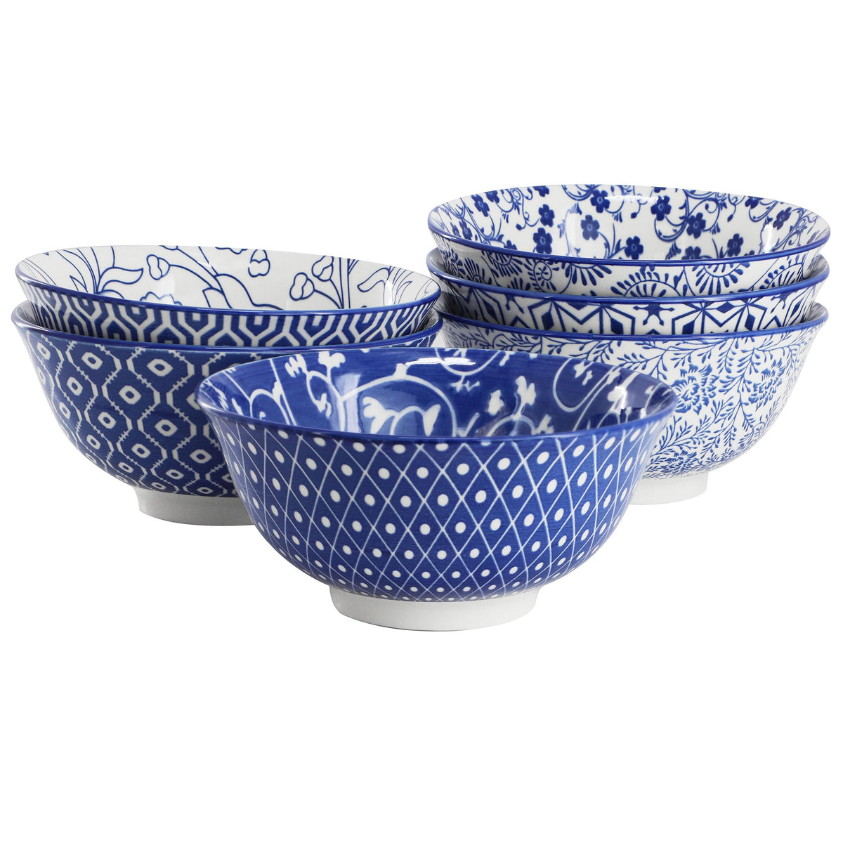 Porcelain Footed Bowl Set of 6, 20 Oz Soup and Cereal Bowls, Assorted Blue and White Designs, Elama Moxy