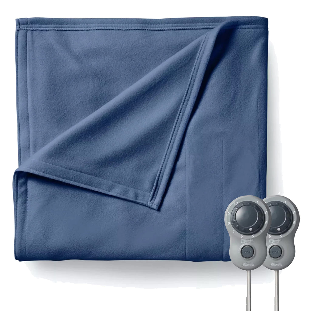 Sunbeam Queen Electric Heated Fleece Blanket – Blue, Dual-Zone Controllers, 10 Heat Settings, Machine Washable