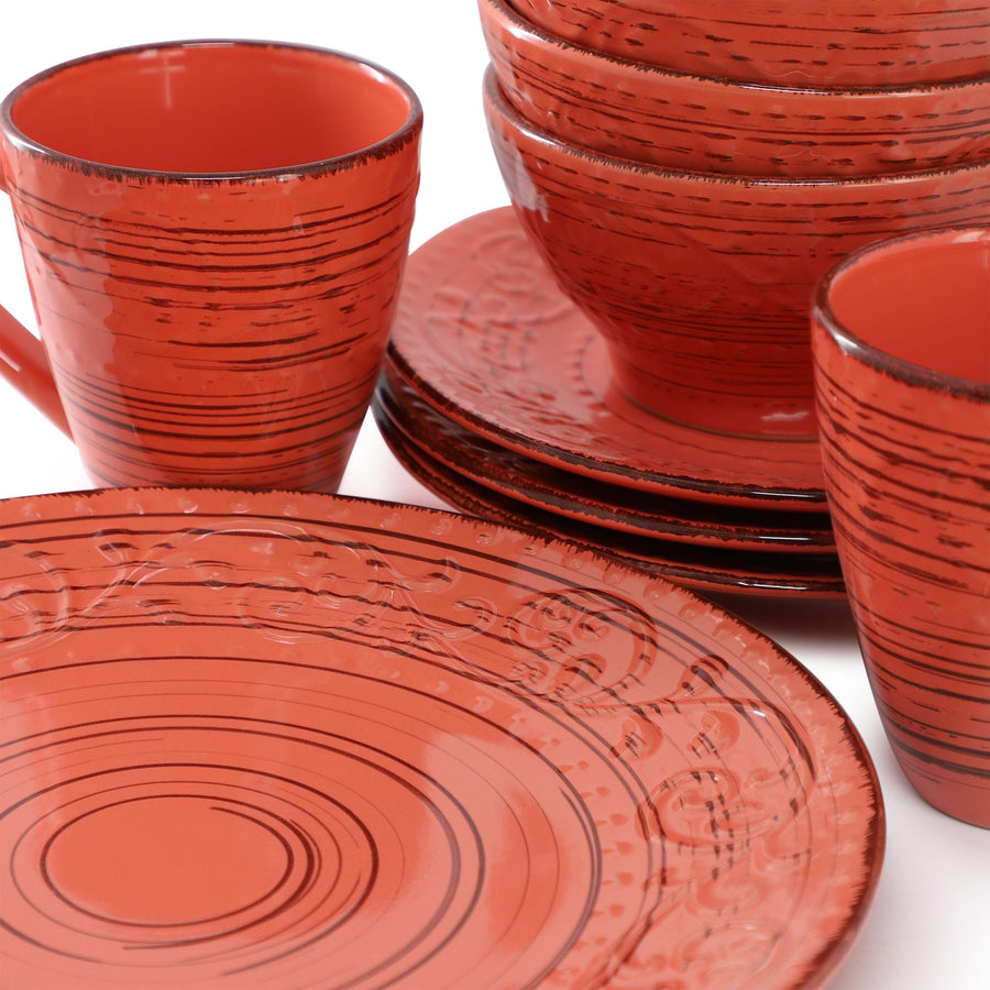 Elama Malibu Jasper 16-Piece Stoneware Dinnerware Set, Reactive Glaze Orange - Service for 4
