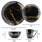 Elama Fine Marble 16 Piece Glossy Round Porcelain Dinnerware Set Black and Gold, Tableware Set, Serveware Set (Black)