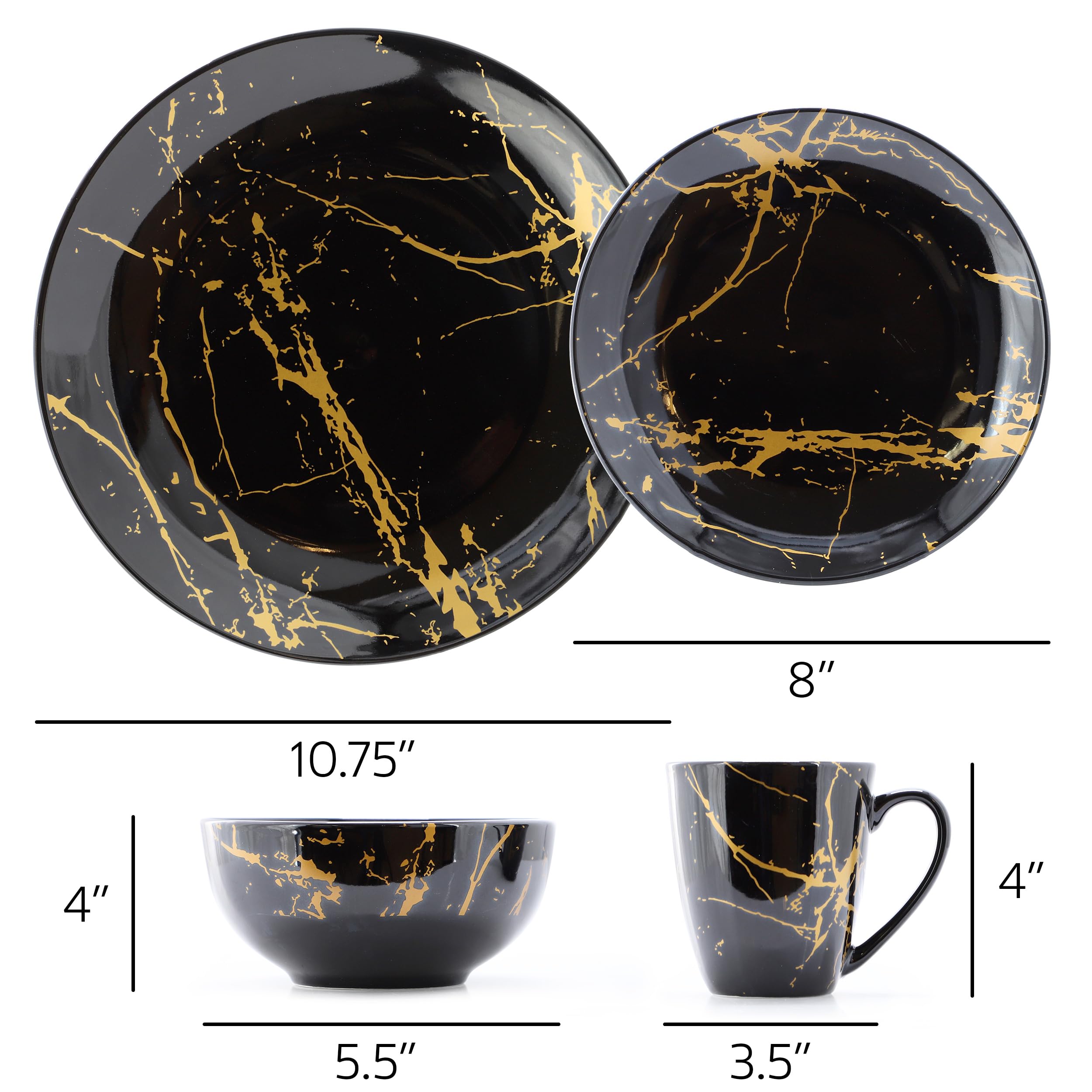 Elama Fine Marble 16 Piece Glossy Round Porcelain Dinnerware Set Black and Gold, Tableware Set, Serveware Set (Black)