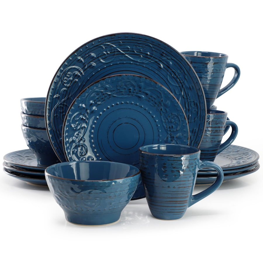 Elama Malibu Deep Ocean 16-Piece Stoneware Dinnerware Set, Reactive Glaze, Service for 4