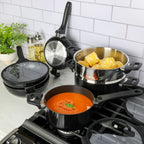 Kenmore Elite Grayson 9-Piece Stackable Platinum Nonstick Forged Aluminum Cookware Set – Induction-Ready Pots & Pans with Tempered Glass Lids & Stainless Steamer (Black)