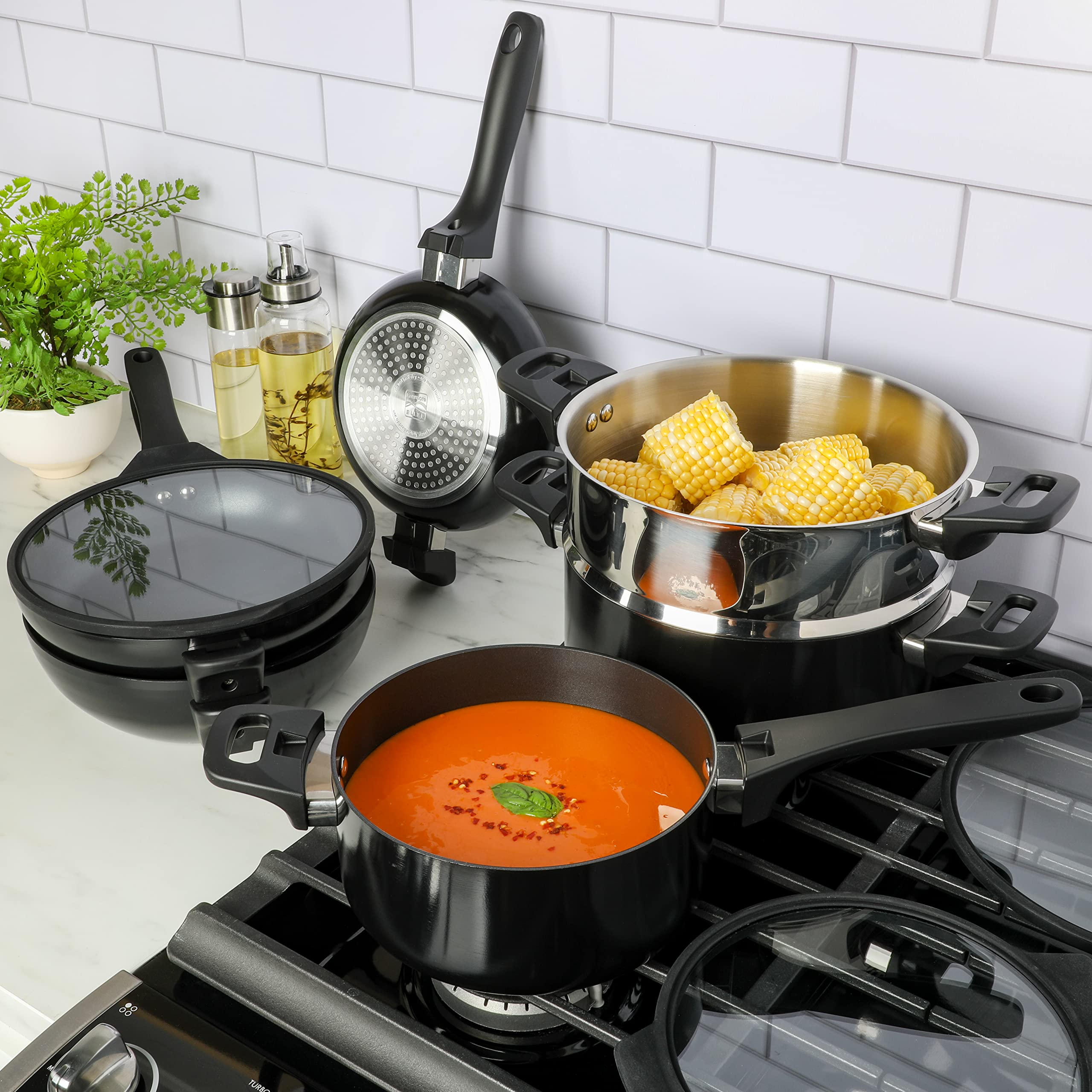 Kenmore Elite Grayson 9-Piece Stackable Platinum Nonstick Forged Aluminum Cookware Set – Induction-Ready Pots & Pans with Tempered Glass Lids & Stainless Steamer (Black)