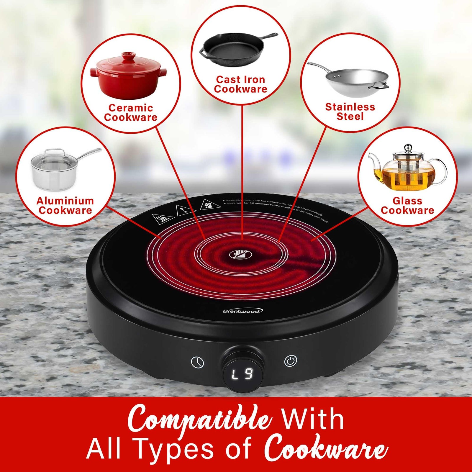 Brentwood Select TS-383DBK 10-Inch Countertop Infrared Single Burner with Digital Touch Controls, Black