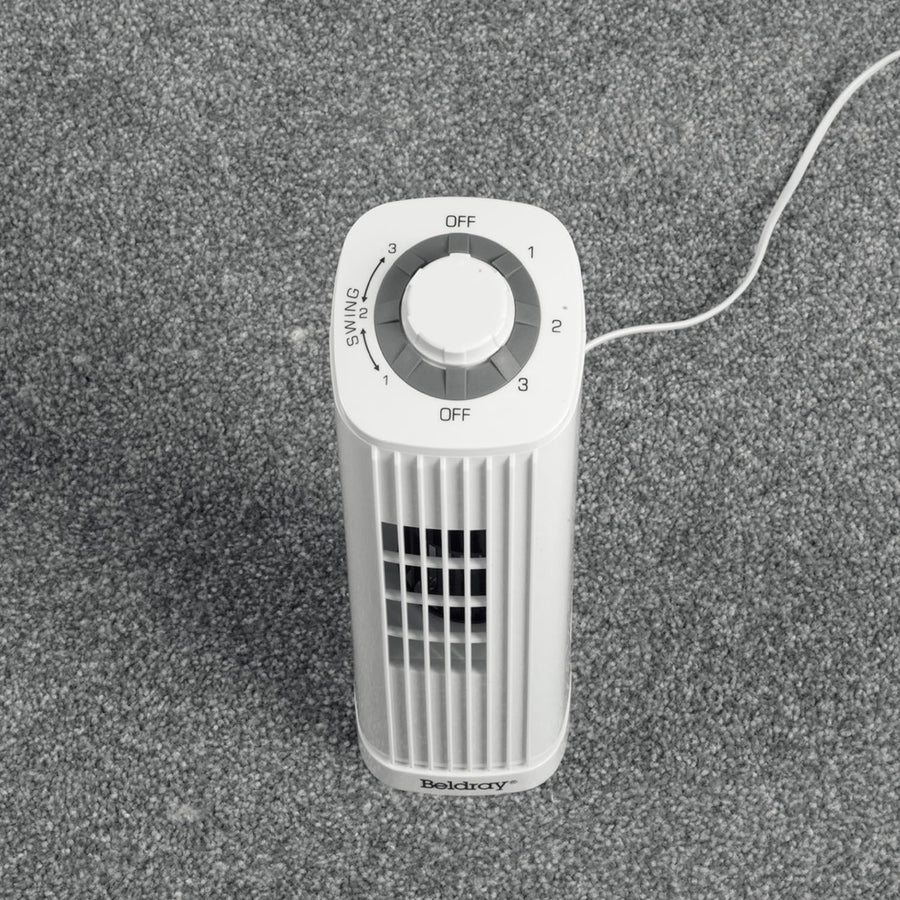 Optimus F-7348WH 14 Inch Portable Ultra-Slim Desktop Oscillating Tower Fan, 3-Speed, White