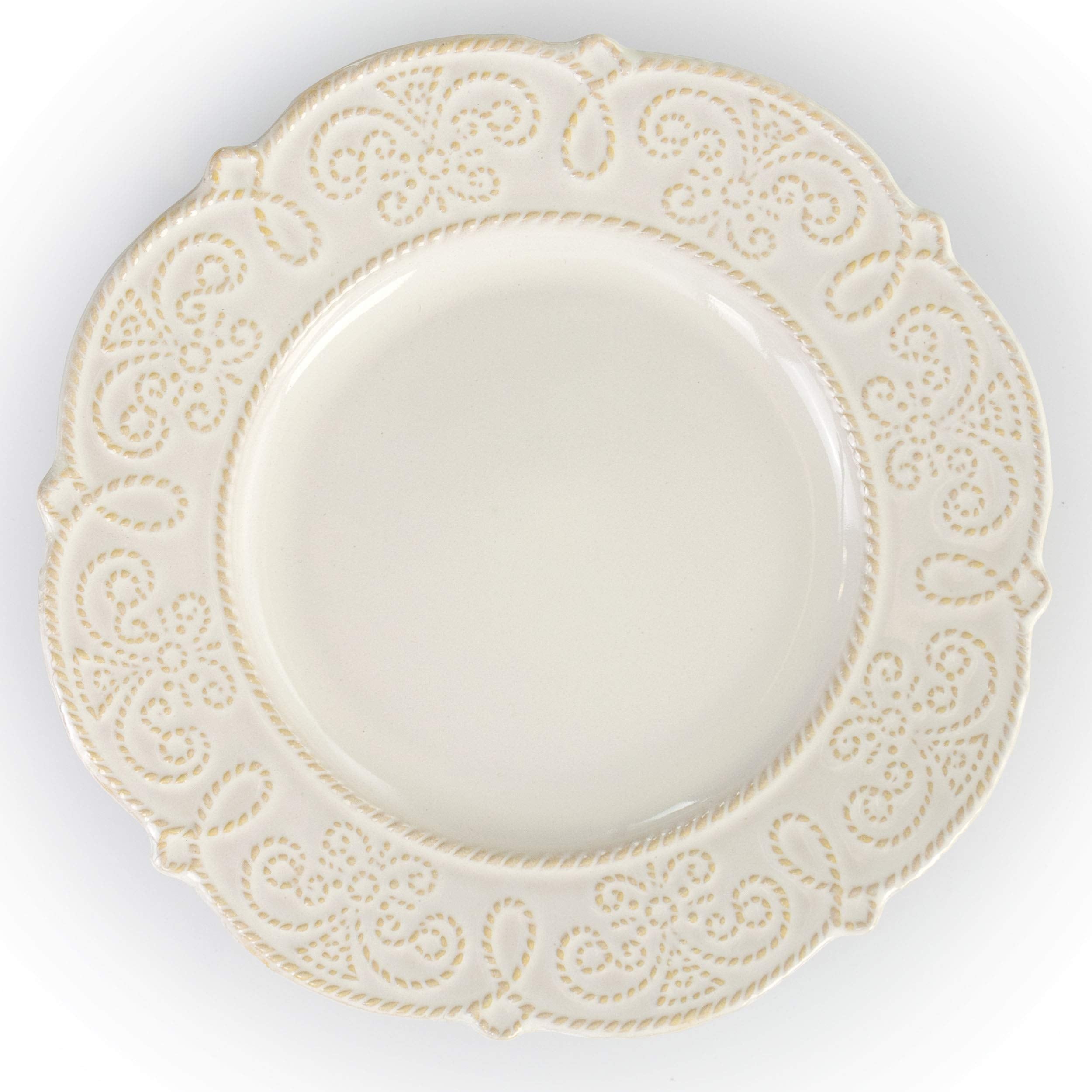Elama Luna 16-Piece Embossed Scalloped Stoneware Dinnerware Set – White Service for 4