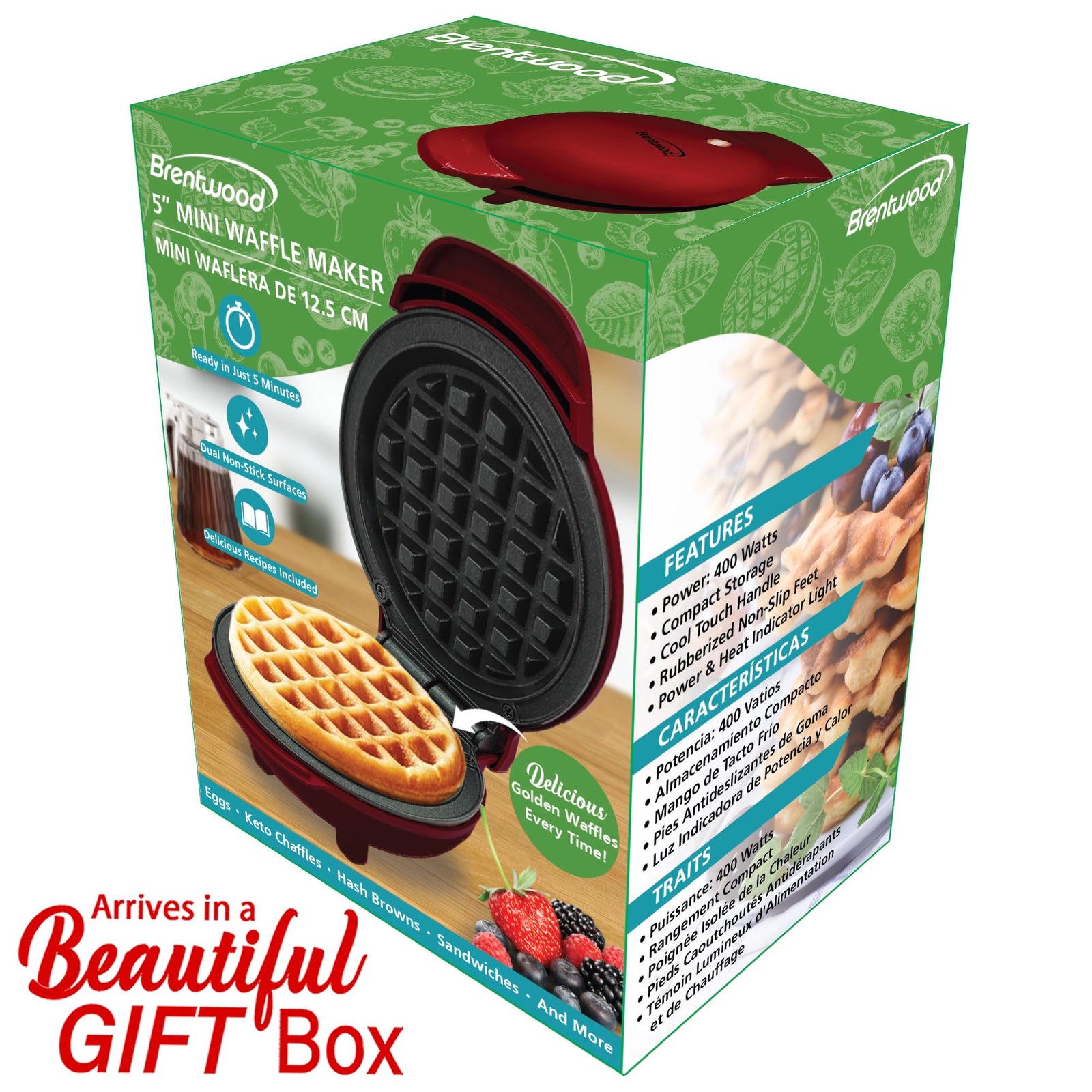 Brentwood TS-2141R Non-Stick 5 Inch Mini Waffle Maker, Red