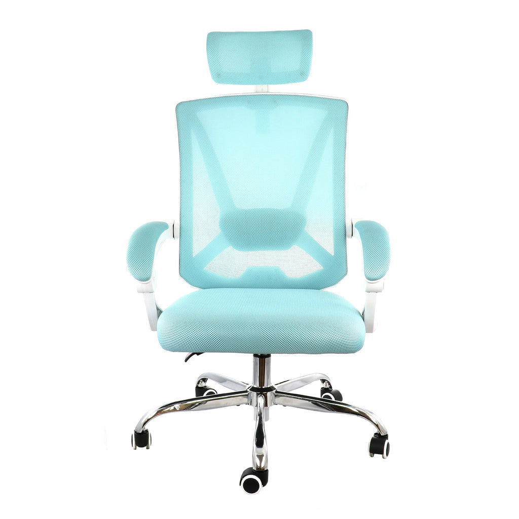 Elama Full-Back Mesh Adjustable Office Chair with Headrest – Blue & White Ergonomic Home Office, Lumbar Support, 360° Swivel