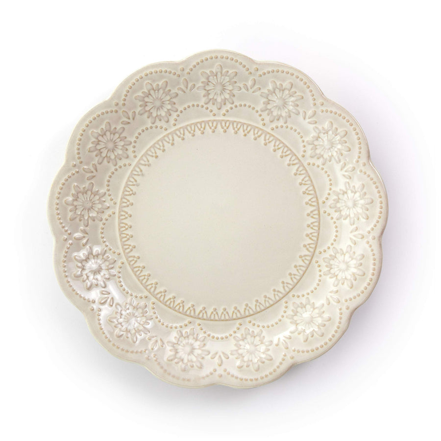 Elama Contessa ivory stoneware salad plate, top view of the scalloped edge and embossed floral design