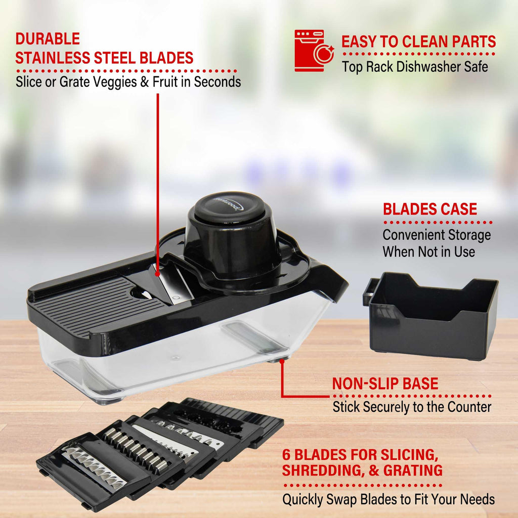 Brentwood 3.6-Cup Mandoline Slicer & Cheese Grater – Black with 6 Interchangeable Stainless Steel Blades & Catch Container